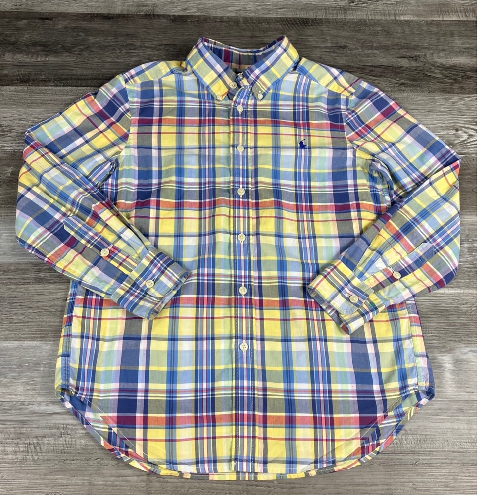 Ralph Lauren Boys Plaid Button Down Shirt Yellow Blue Red Size M 10-12 Pony Logo